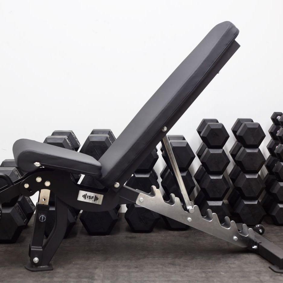 Je vends du fitness, Ensemble d'haltères hexagonaux en caoutchouc ISF + banc de musculation